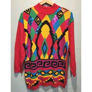 Vtg I B Diffusion Vibrant Multicolor Artsy Sequin Raime Knit Tunic Sweater Sz M